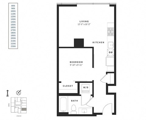 Floor plan for studio, 1 bath, 581 sqft